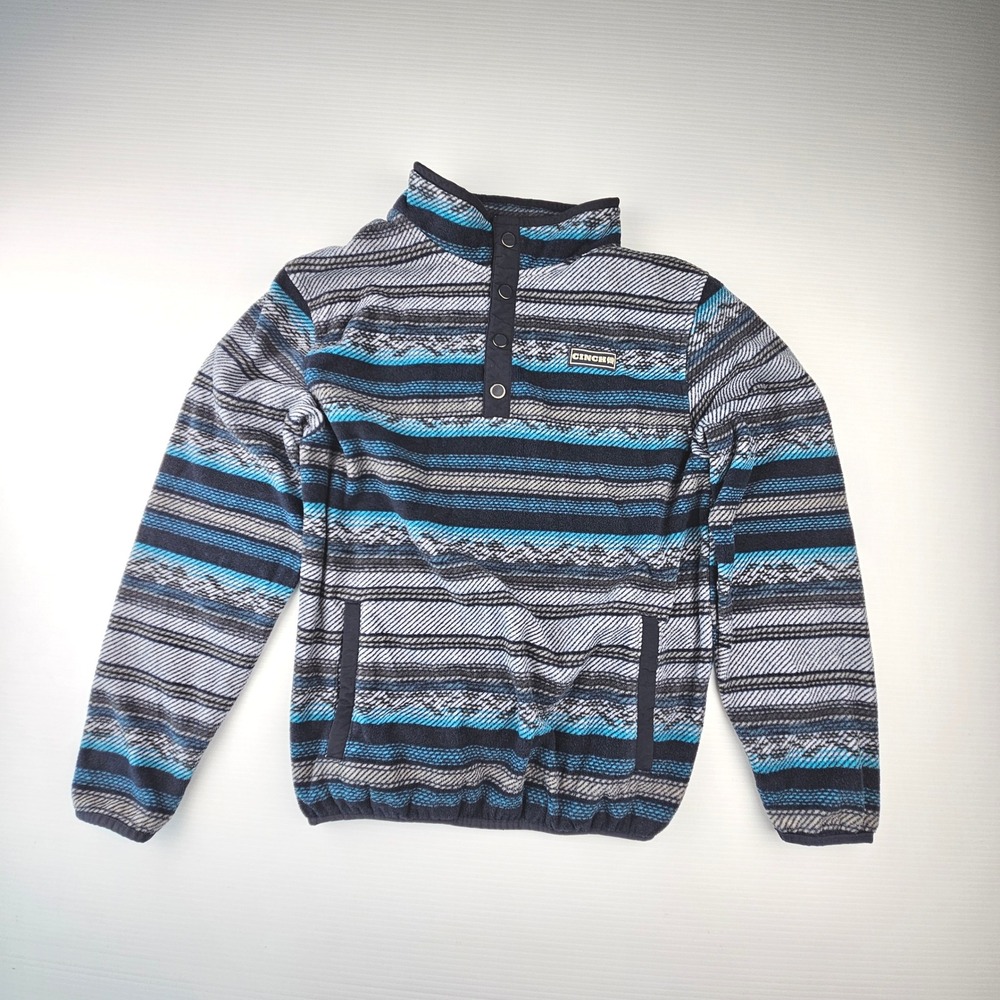 Cinch Boys XL 14 Fleece Pullover Blue Southwestern Stripe Snap Mock Vintage Y2K